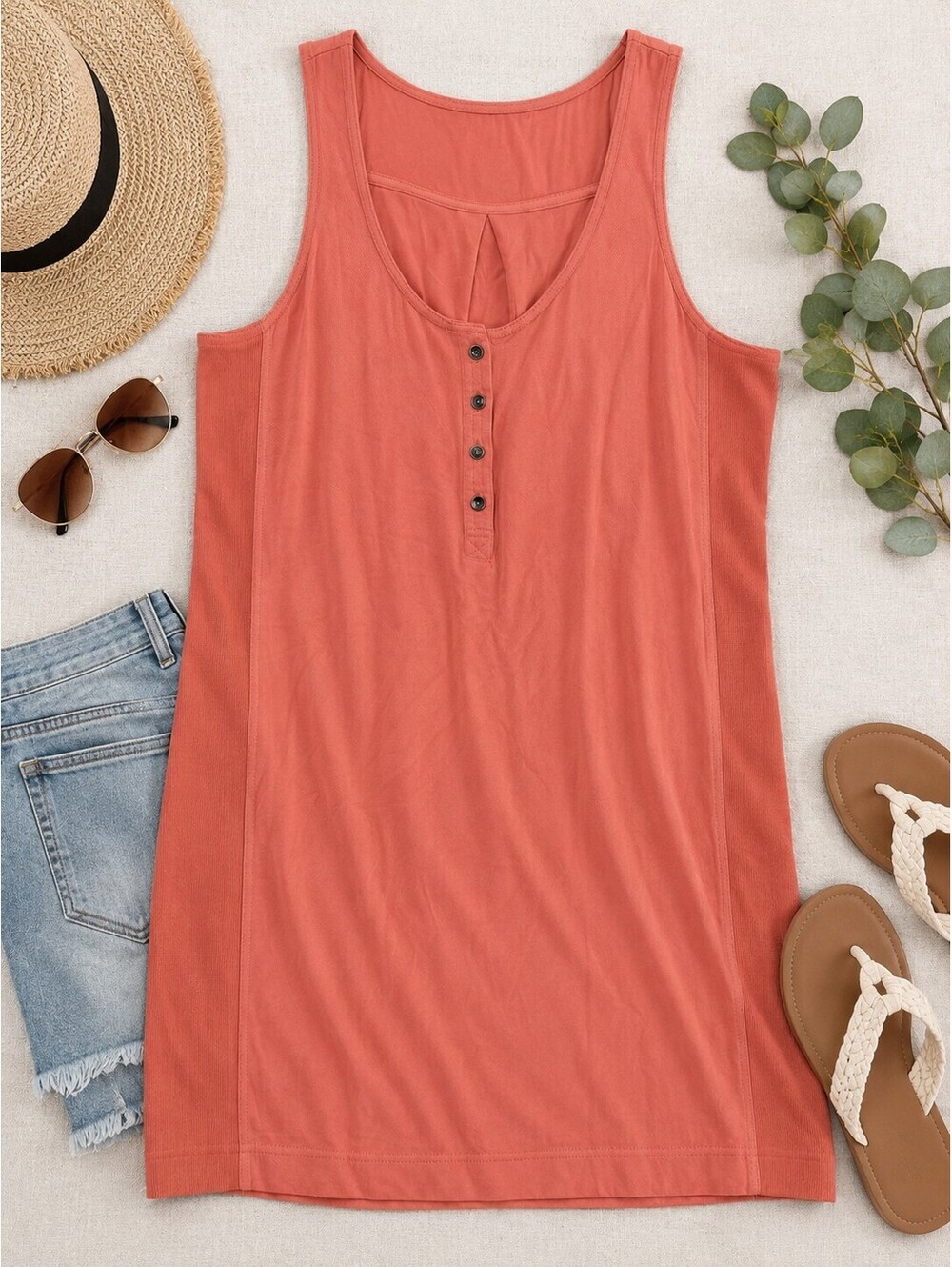Splendid Coral Sleeveless Henley Tank Dress Medium 100% Viscose Casual Knit - Picture 1 of 9